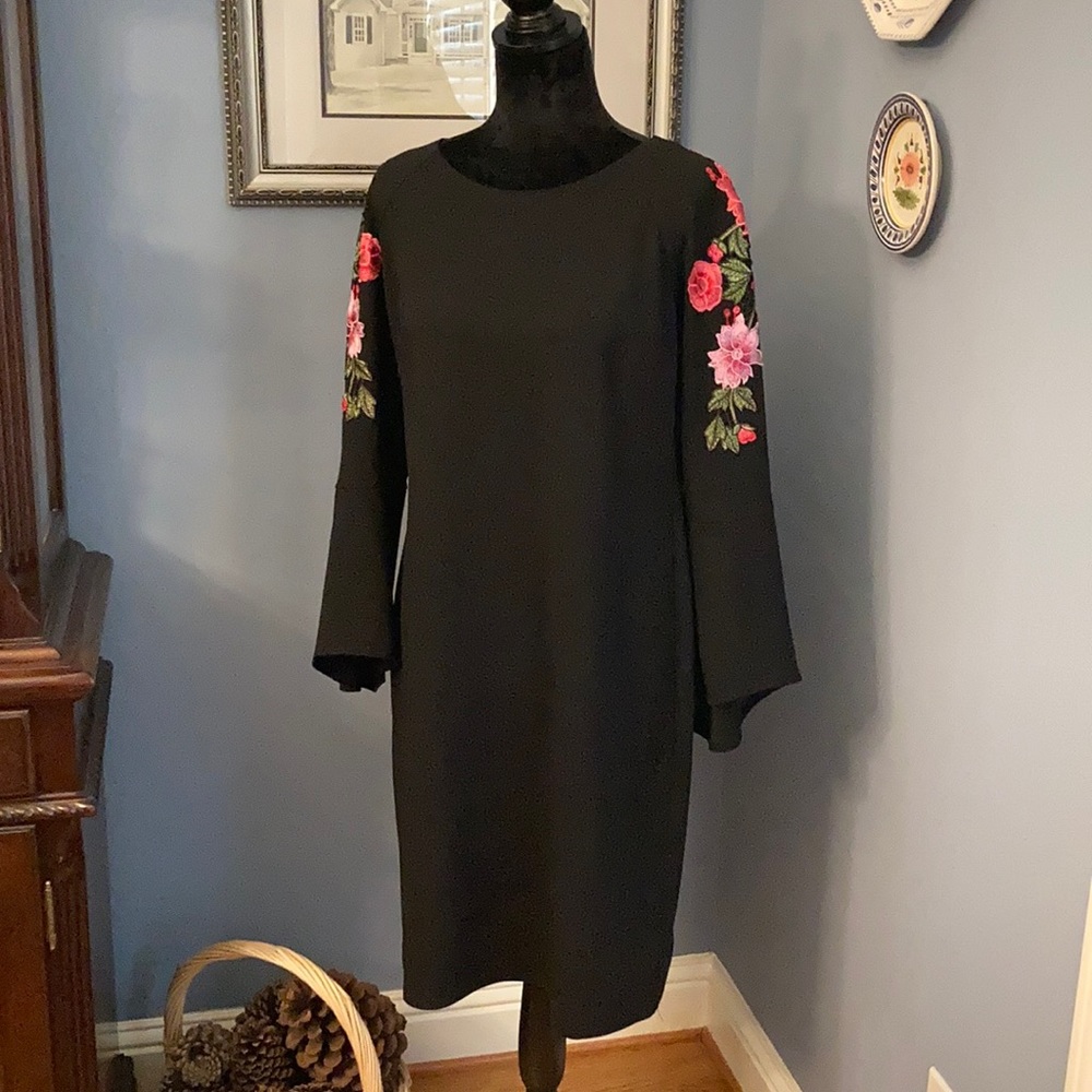 Bell Sleeve Embroidered Black Dress